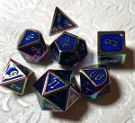 Blue with Rainbow Iridescent Lettering Metal Dice Set