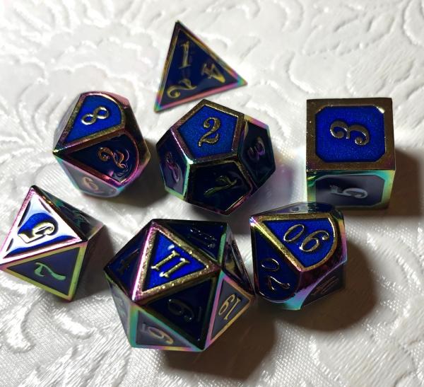 Blue with Rainbow Iridescent Lettering Metal Dice Set picture