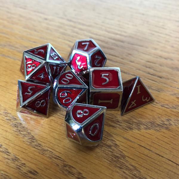 Red with Chrome Lettering Metal Dice Set picture