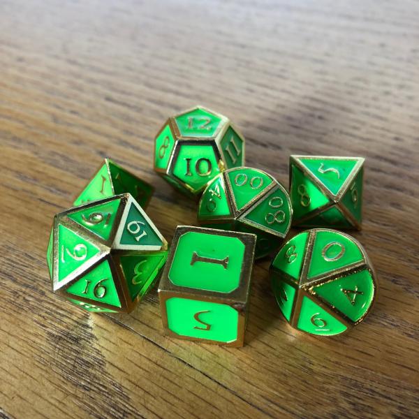 Green with Gold Lettering Metal Dice Set picture