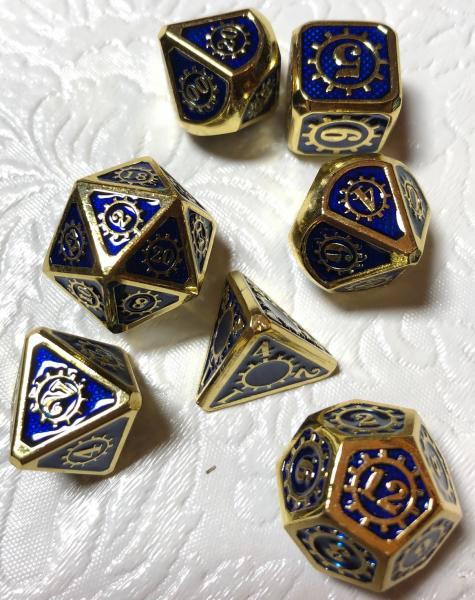 Blue with Gold Lettering Gears Metal Dice picture