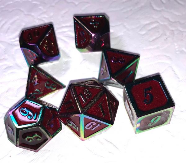 Red with Rainbow Iridescent Lettering Metal Dice Set