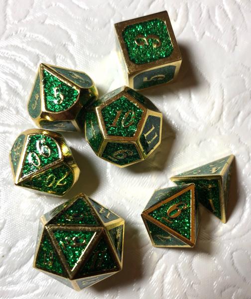 Green Glitter with Gold Lettering Metal Dice Set picture