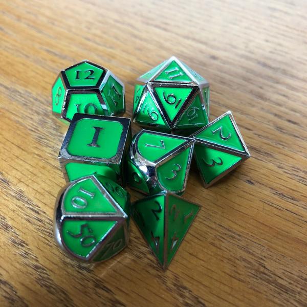 Green with Chrome Lettering Metal Dice Set