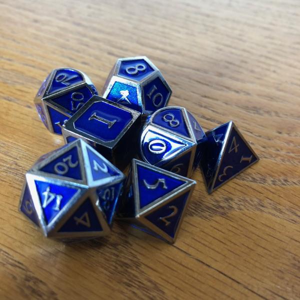 Royal Blue with Chrome Lettering Metal Dice Set picture