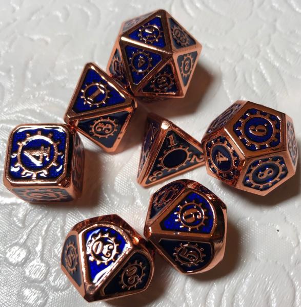 Blue with Copper Lettering Gears Metal Dice picture