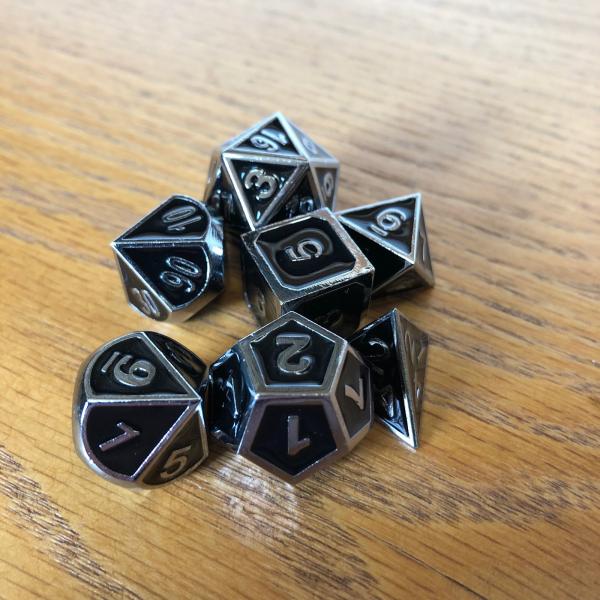 Black with Chrome Lettering Metal Dice Set