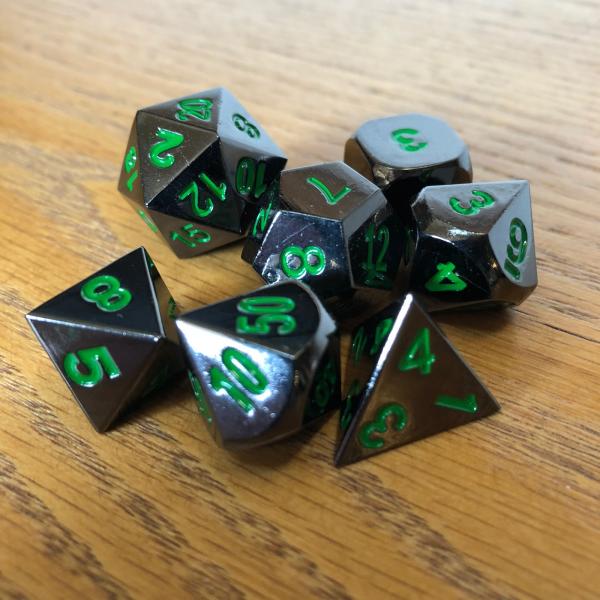 Black with Green Lettering Metal Dice Set picture