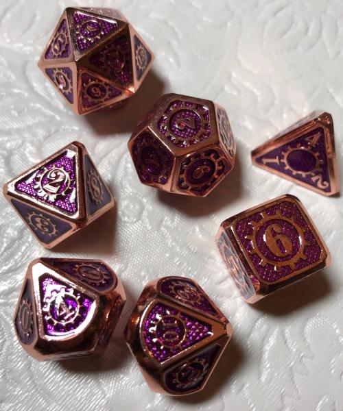 Purple with Copper Lettering Gears Metal Dice picture