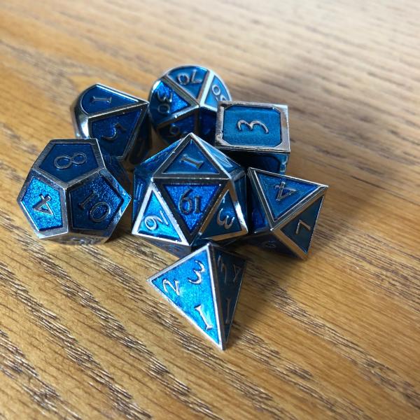 Sky Blue with Chrome Lettering Metal Dice Set