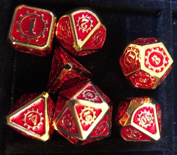 Red with Gold Lettering Gears Metal Dice picture