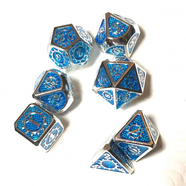 Sky Blue with Silver Lettering Gears Metal Dice picture