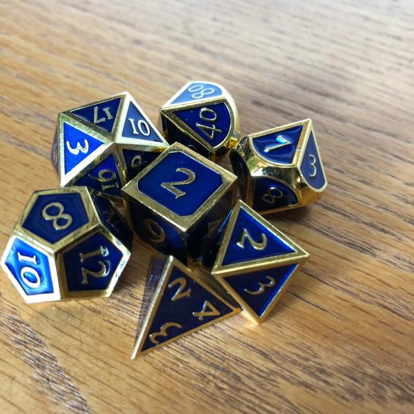 Royal Blue  Dice with Gold Lettering Metal Dice Set picture