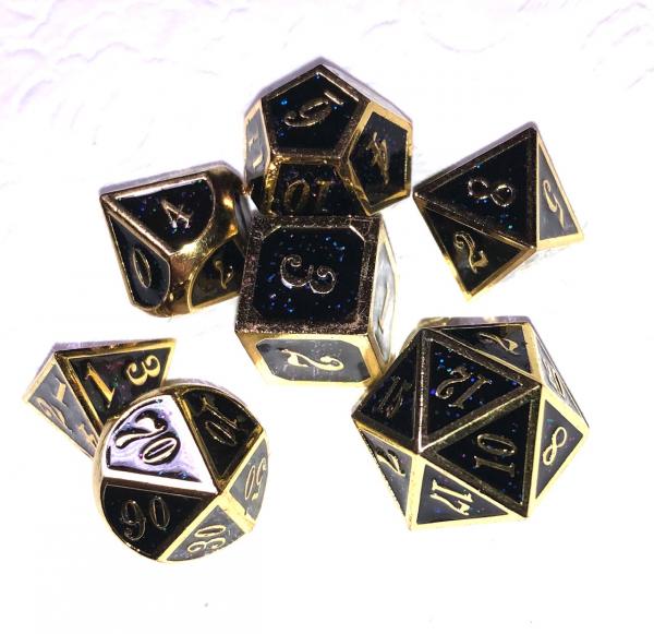 Black Rainbow Glitter with Gold Lettering Metal Dice Set
