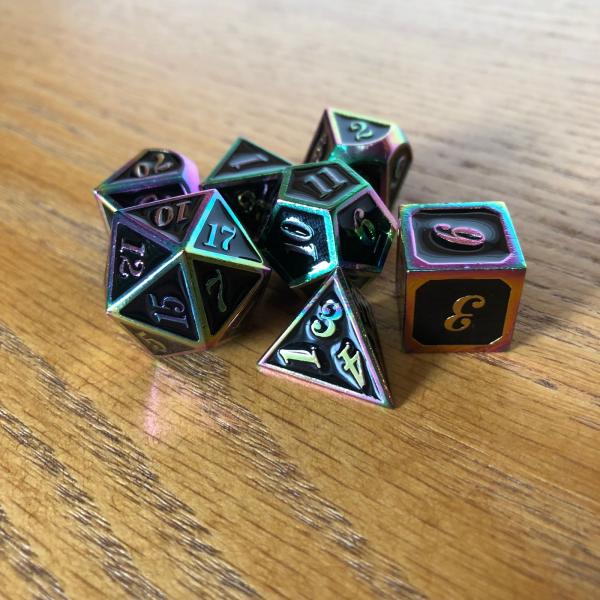 Black with Rainbow Iridescent Lettering Metal Dice Set