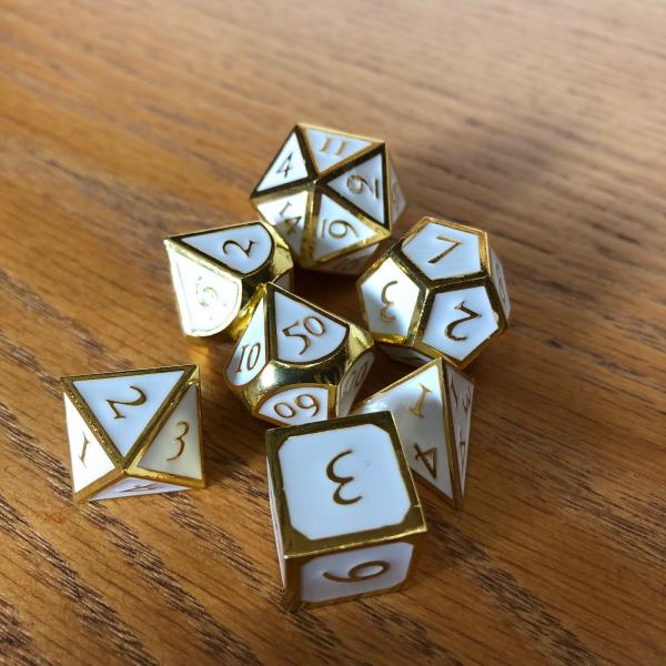 White with Gold Lettering Metal Dice Set picture