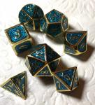Blue Glitter with Gold Lettering Metal Dice Set