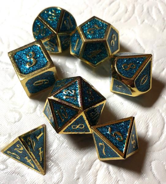 Blue Glitter with Gold Lettering Metal Dice Set picture