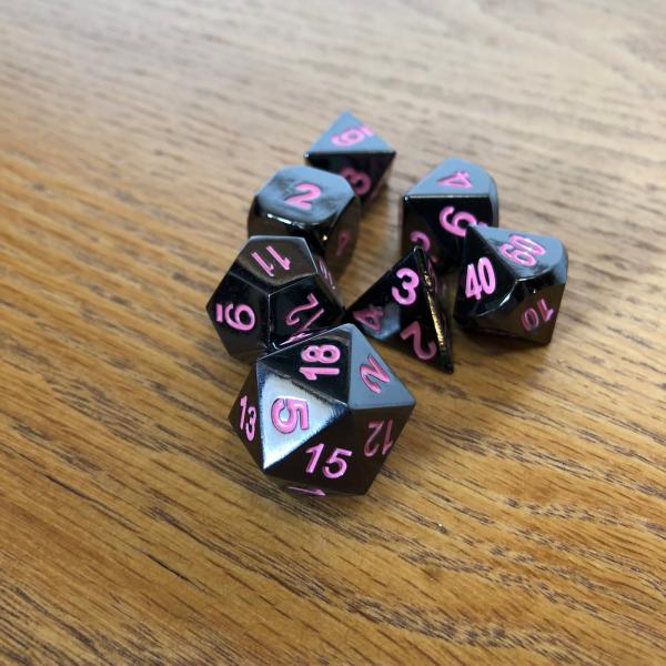 Black with Pink Lettering Metal Dice Set