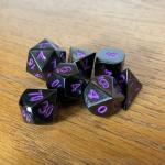 Black with Purple Lettering Metal Dice Set