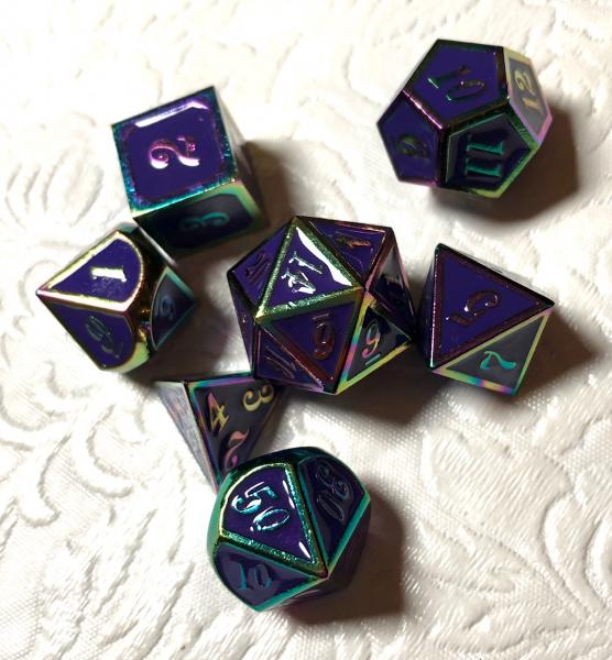 Purple with Rainbow Iridescent Lettering Metal Dice Set