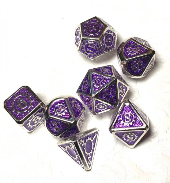 Purple with Silver Lettering Gears Metal Dice picture