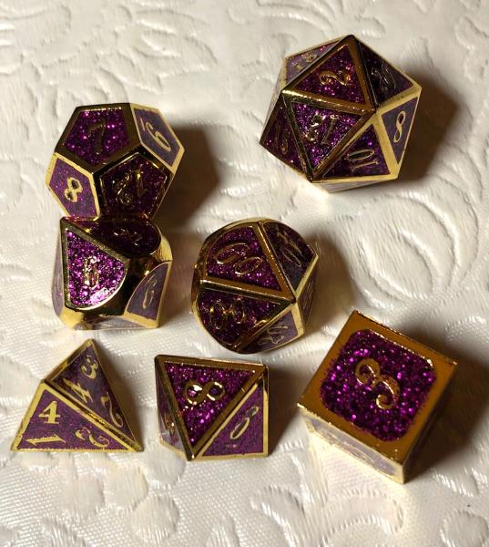 Purple Glitter with Gold Lettering Metal Dice Set