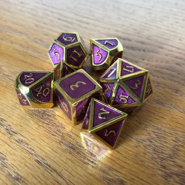 Purple with Gold Lettering Metal Dice Set