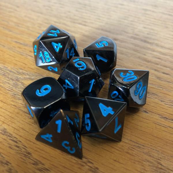 Black with Blue Lettering Metal Dice Set picture