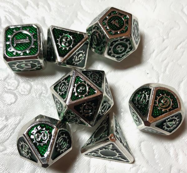 Green with Silver Lettering Gear Metal Dice picture