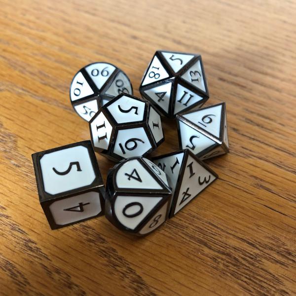 White with Black Lettering Metal Dice Set
