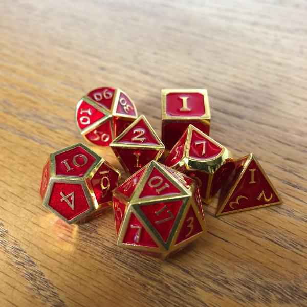 Red with Gold Lettering Metal Dice Set