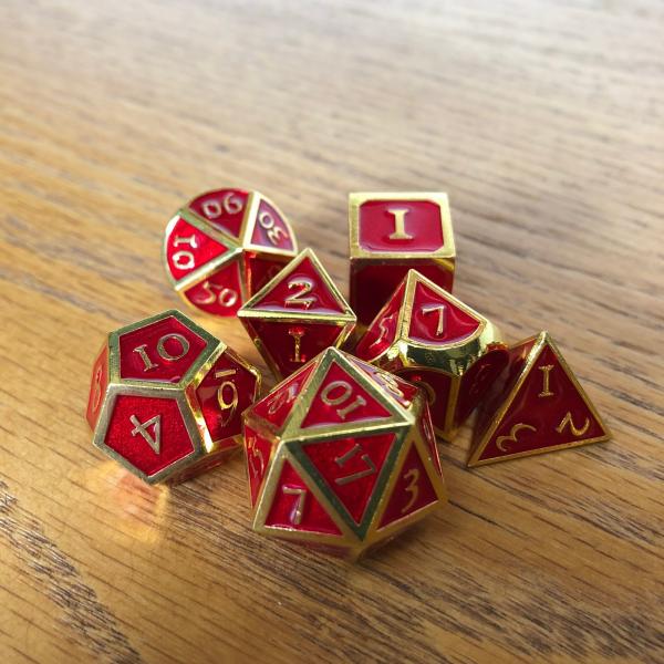 Red with Gold Lettering Metal Dice Set picture