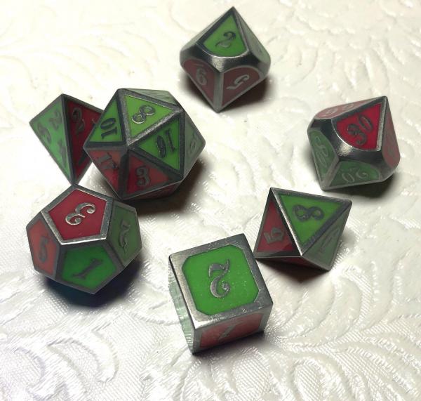 Green and Red two-tone Glow in the Dark Dice Set picture