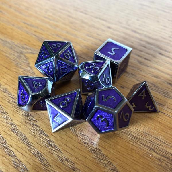 Purple with Chrome Lettering Metal Dice Set