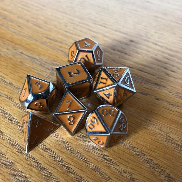 Orange with Chrome Lettering Metal Dice Set picture