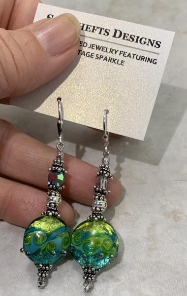 Earrings :: Chartreuse & Aqua Foiled Artisan Lampwork and Vintage Crystal picture