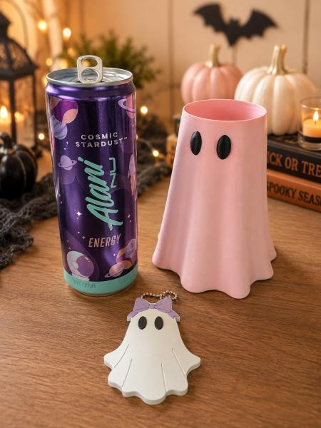Pink Ghost Skinny Can Cooler with Matching Ghost Nail Saver | 12 oz Slim Can Holder