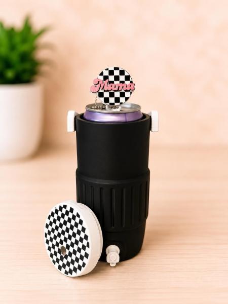Black and White Checked Can Cooler with Can Opener (Nail Saver)