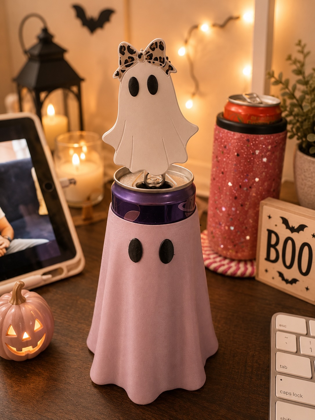 Pink Ghost Skinny Can Cooler with Matching Ghost Nail Saver | 12 oz Slim Can Holder picture