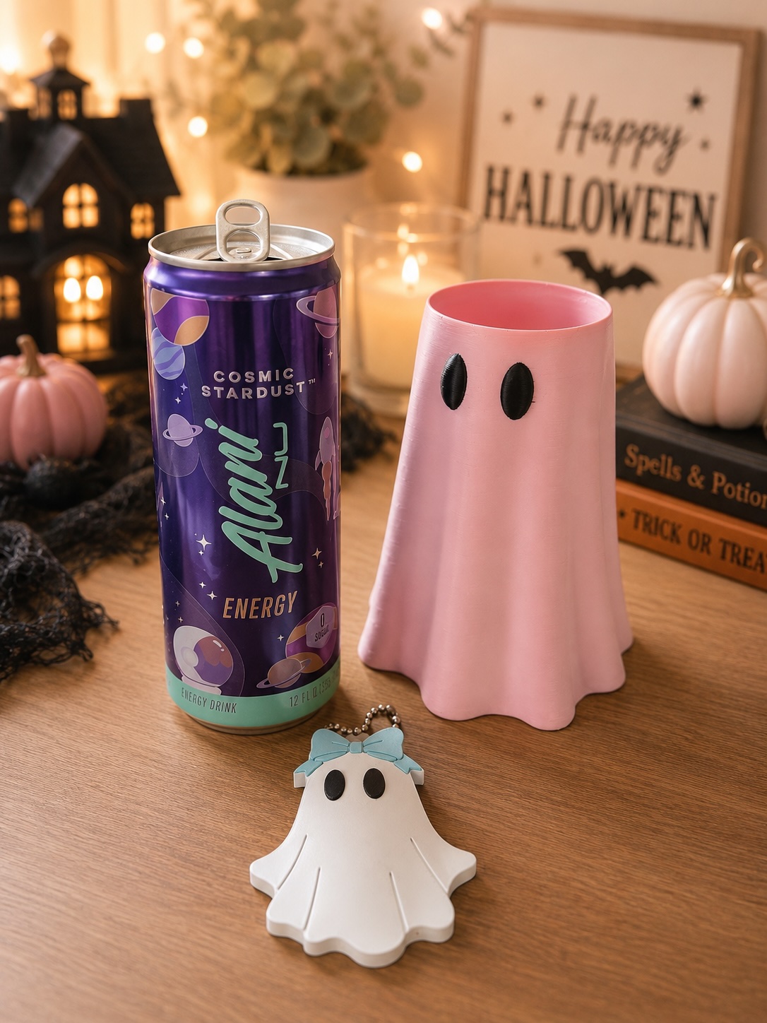 Pink Ghost Skinny Can Cooler with Matching Ghost Nail Saver | 12 oz Slim Can Holder picture