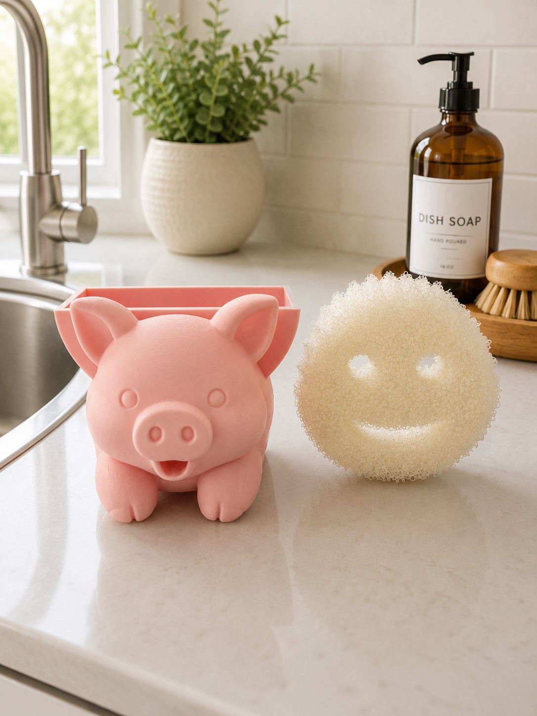 Cute Pink Pig Sponge Holder | Kitchen Sink Sponge Caddy & Organizer picture
