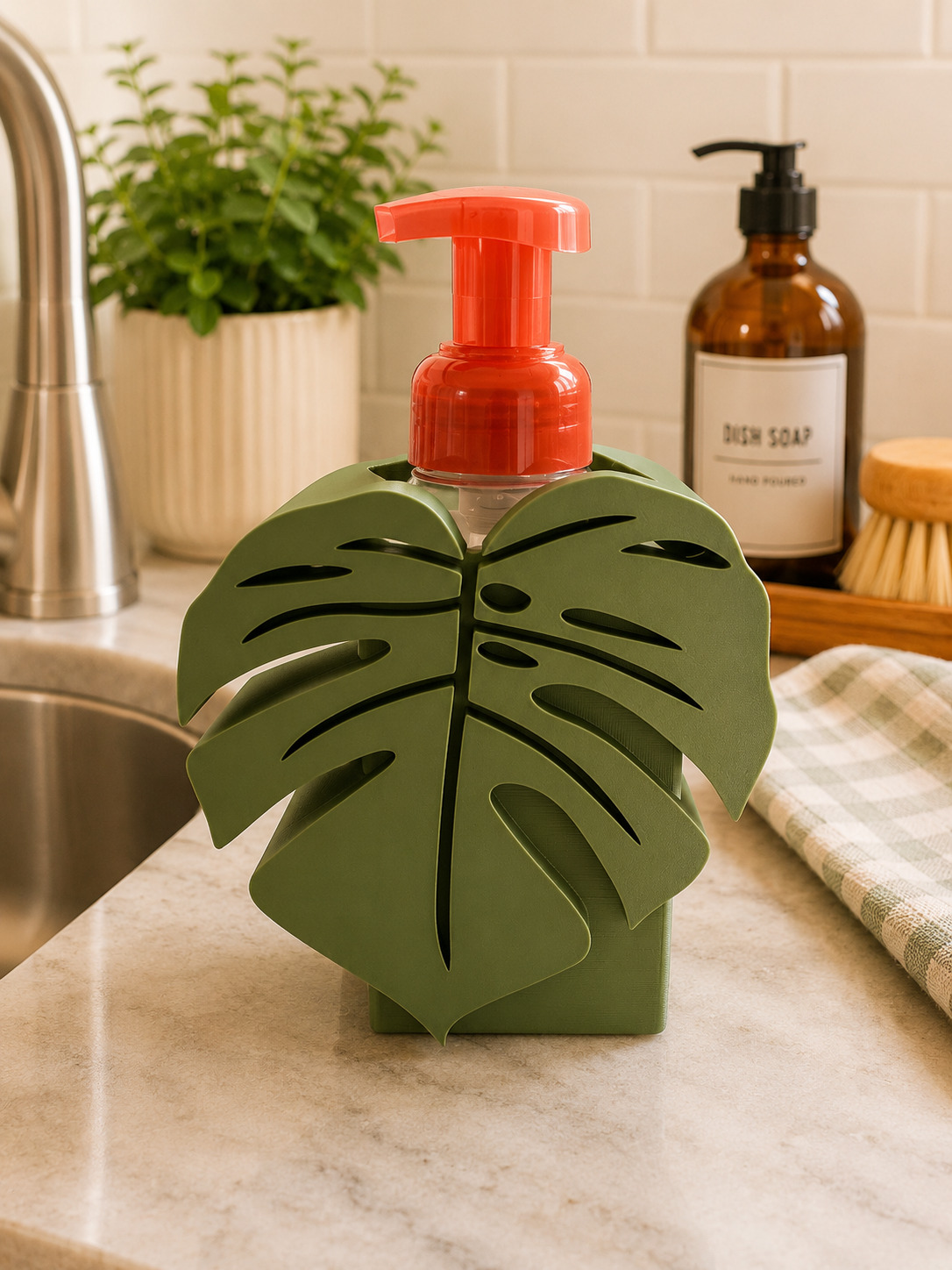 Monstera Leaf Design Soap Dispenser Holder for Kitchen Countertop Decorative Accessory picture