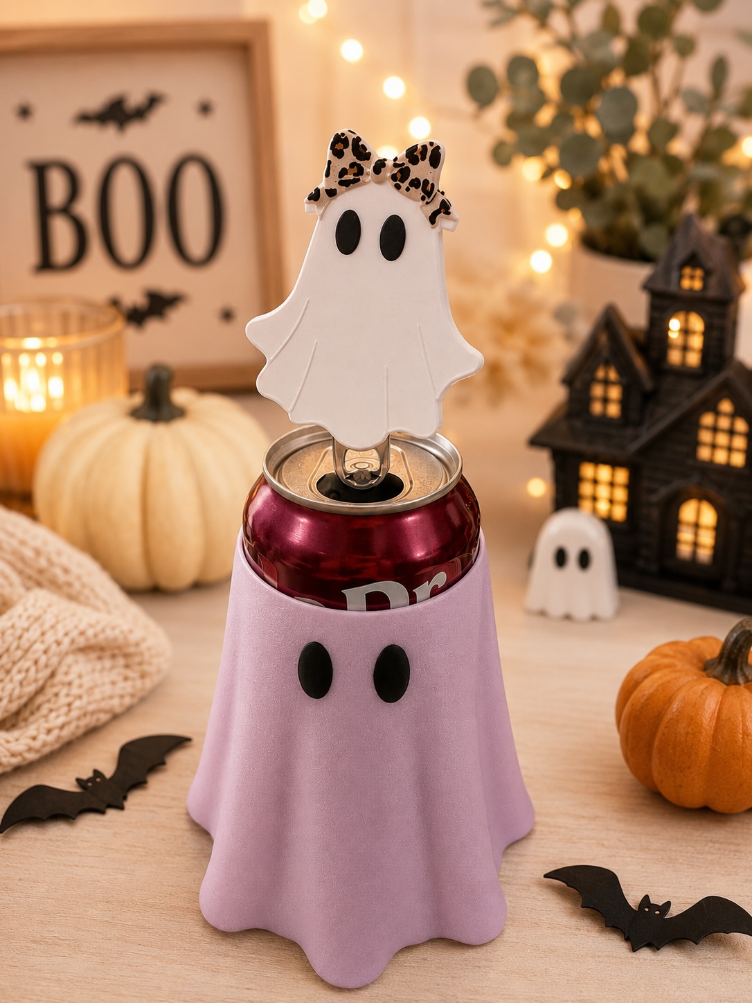 Pink Ghost Standard Can Cooler with Matching Ghost Nail Saver | 12 oz Slim Can Holder picture