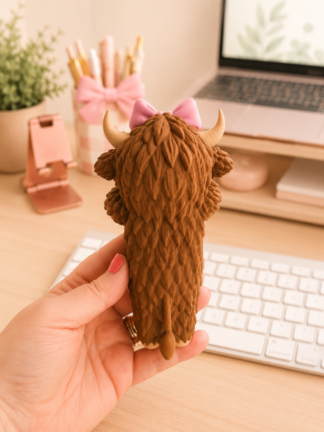 Highland Cow with Pink Bow Monitor Buddy | Cute 3D Printed Computer Screen Decor | Office & Teacher Desk Accessory picture
