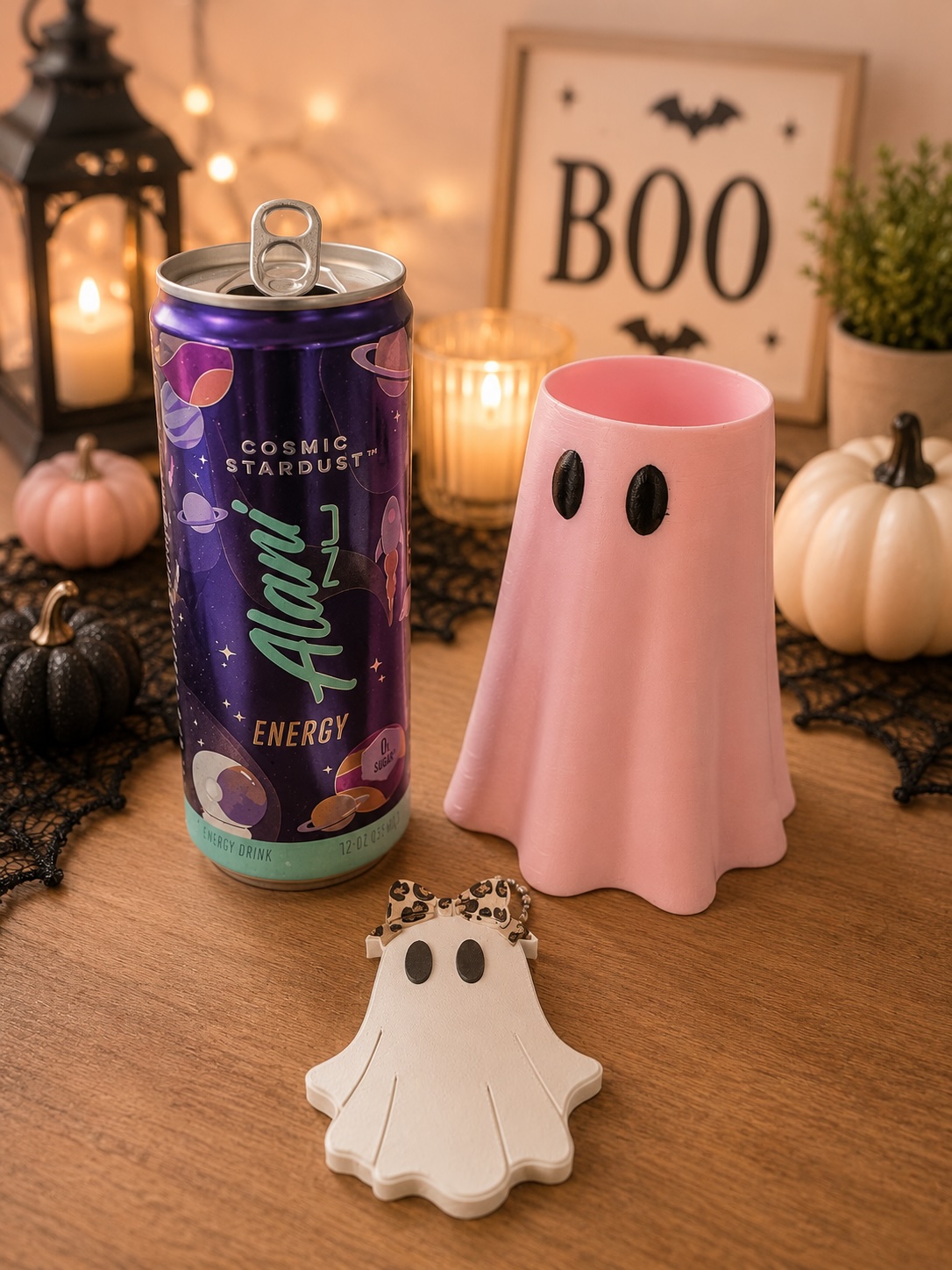 Pink Ghost Skinny Can Cooler with Matching Ghost Nail Saver | 12 oz Slim Can Holder picture