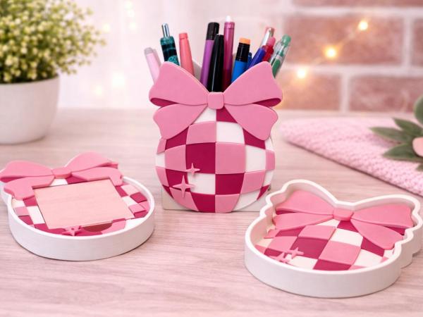 Disco Bow Cute Desk Organizer Set | Pen Holder, Sticky Note Holder & Tray