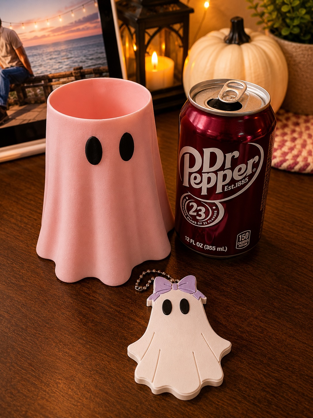 Pink Ghost Standard Can Cooler with Matching Ghost Nail Saver | 12 oz Slim Can Holder picture