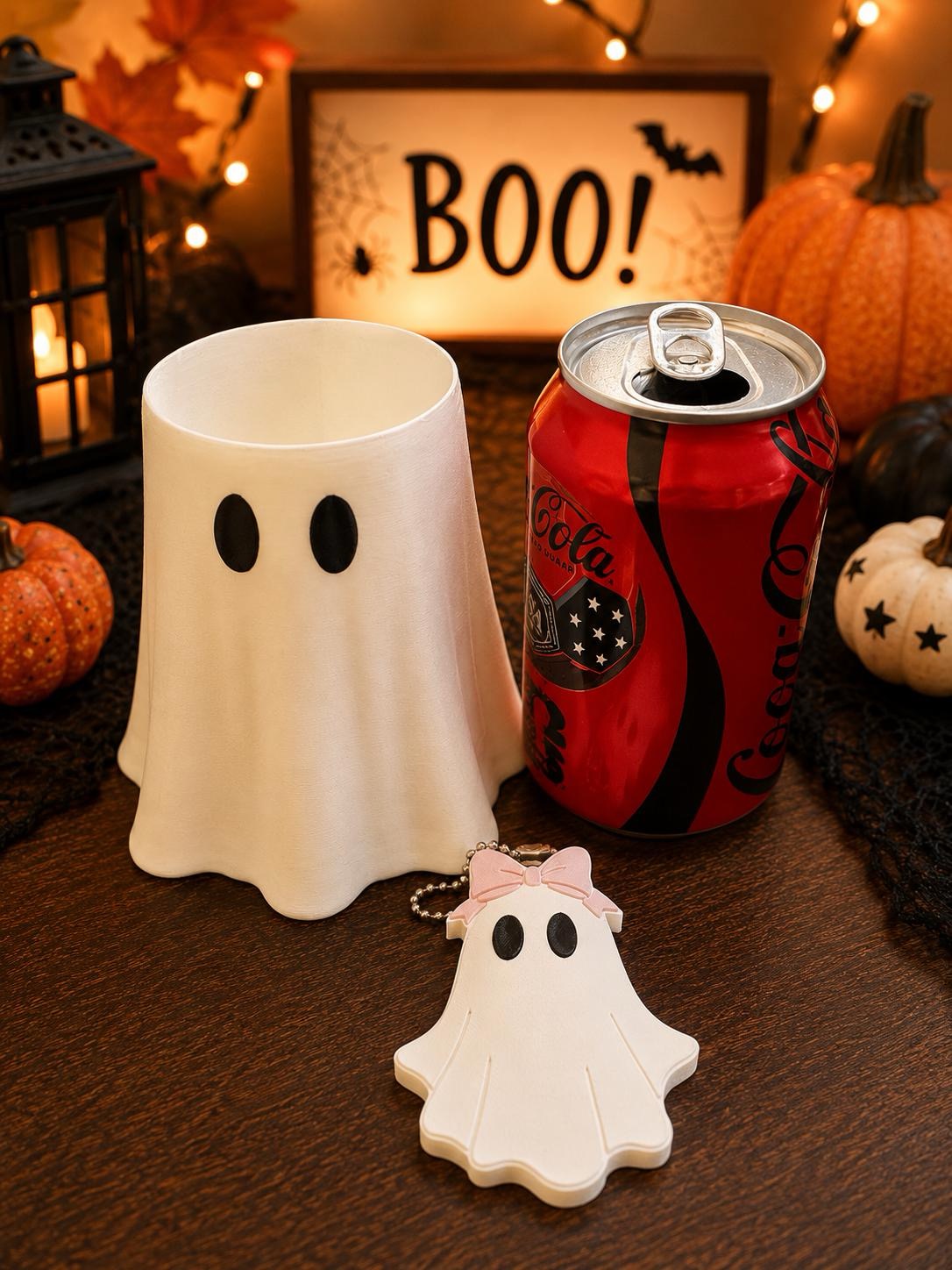 12 oz Standard Ghost Can Cooler Holder with Matching Ghost Can Opener | Halloween Soda Can Sleeve | Cute Spooky Drink Holder picture