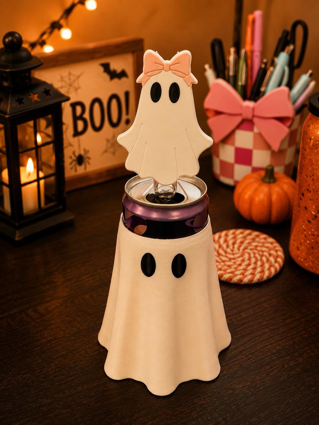 Ghost Skinny Can Cooler with Matching Ghost Nail Saver | 12 oz Slim Can Holder picture
